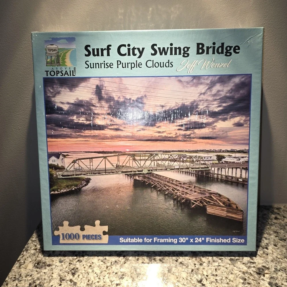 Above Topsail Surf City Swing Bridge 1000 Piece Puzzle Sunrise Purple Clouds